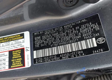 2014 Toyota Camry Se из США, поврежденный, VIN 4T1BF1FK0EU393371